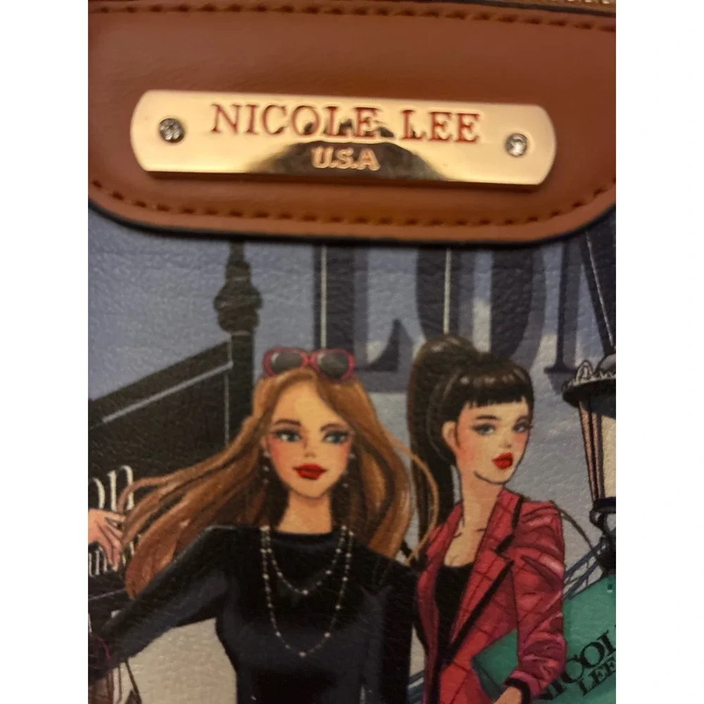 Nicole Lee London Satchel Bag Navy Brown Graphic Print Crossbody Handbag